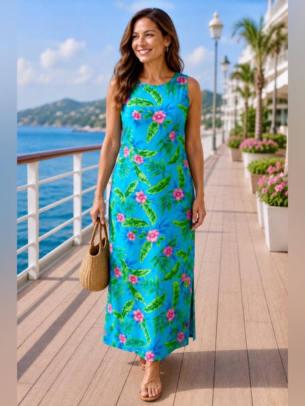 NWT Vintage 90s Sag Harbor Deadstock Tropical Maxi Dress Turquoise 12